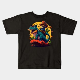 T Rex Dinosaur Riding Cat Kids T-Shirt